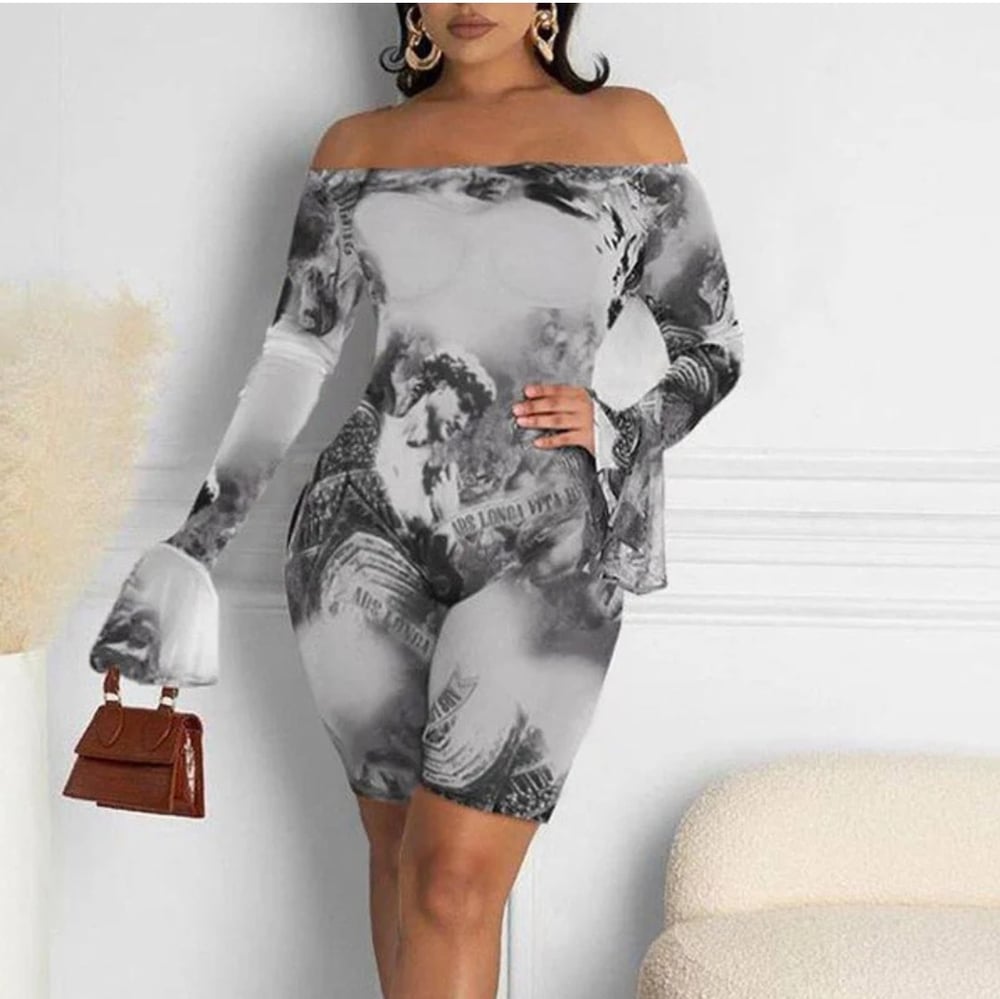 Image of Large Off Shoulder Flared Sleeve Mesh Romper