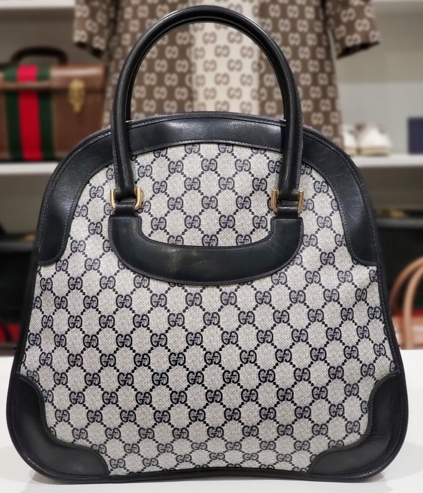 Image of Vtg Gucci Blue Monogram Large Bowling Style Bag