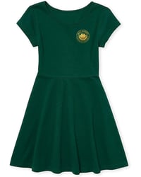 Girls Solid Short Sleeve Dress With Gold Logo Embroidery