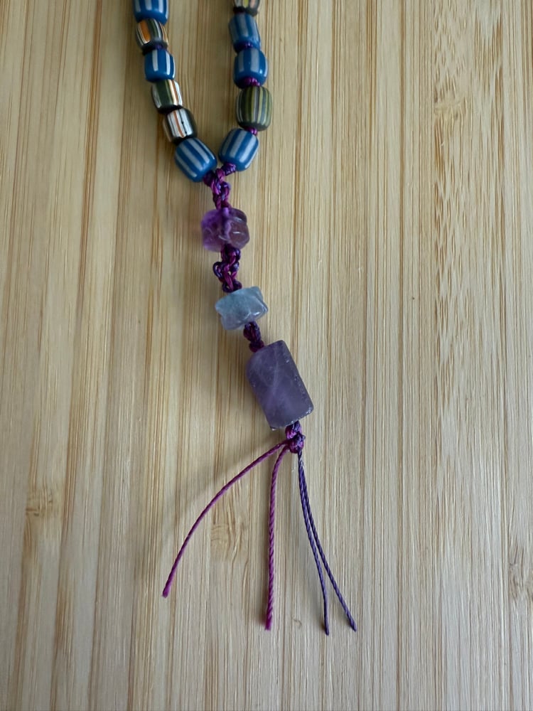Image of Blue-Green Indonesian Gooseberry Glass Beaded Necklace with Fluorite & Amethyst Talisman