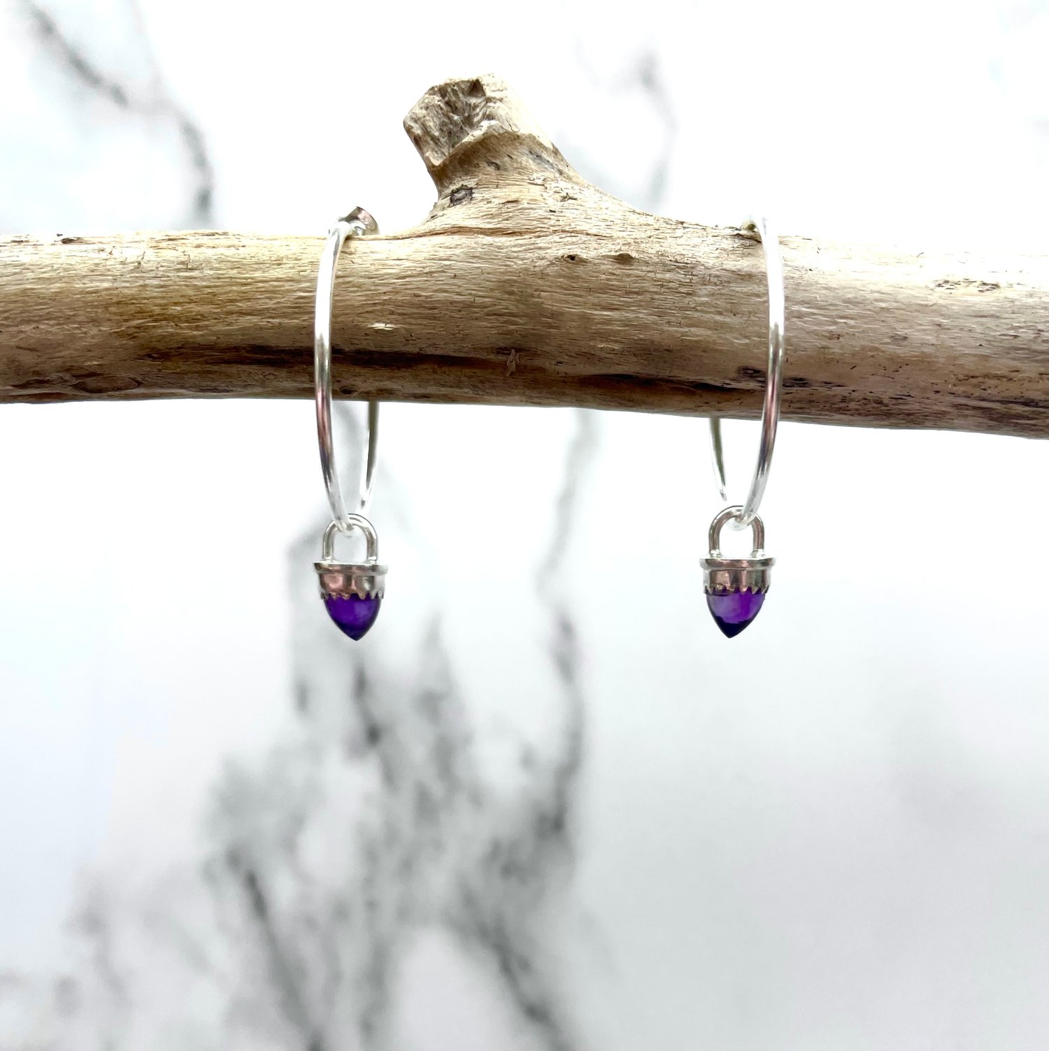 Image of Handmade Amethyst Bullet Sterling Silver Hoop Earrings 925
