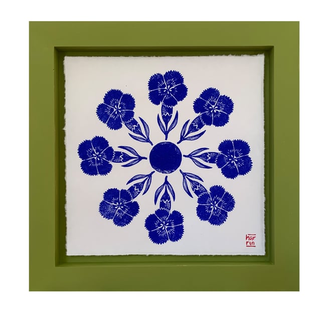 Synchronised dianthus - original block print framed 