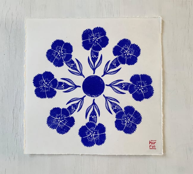 Synchronised dianthus - original block print framed 