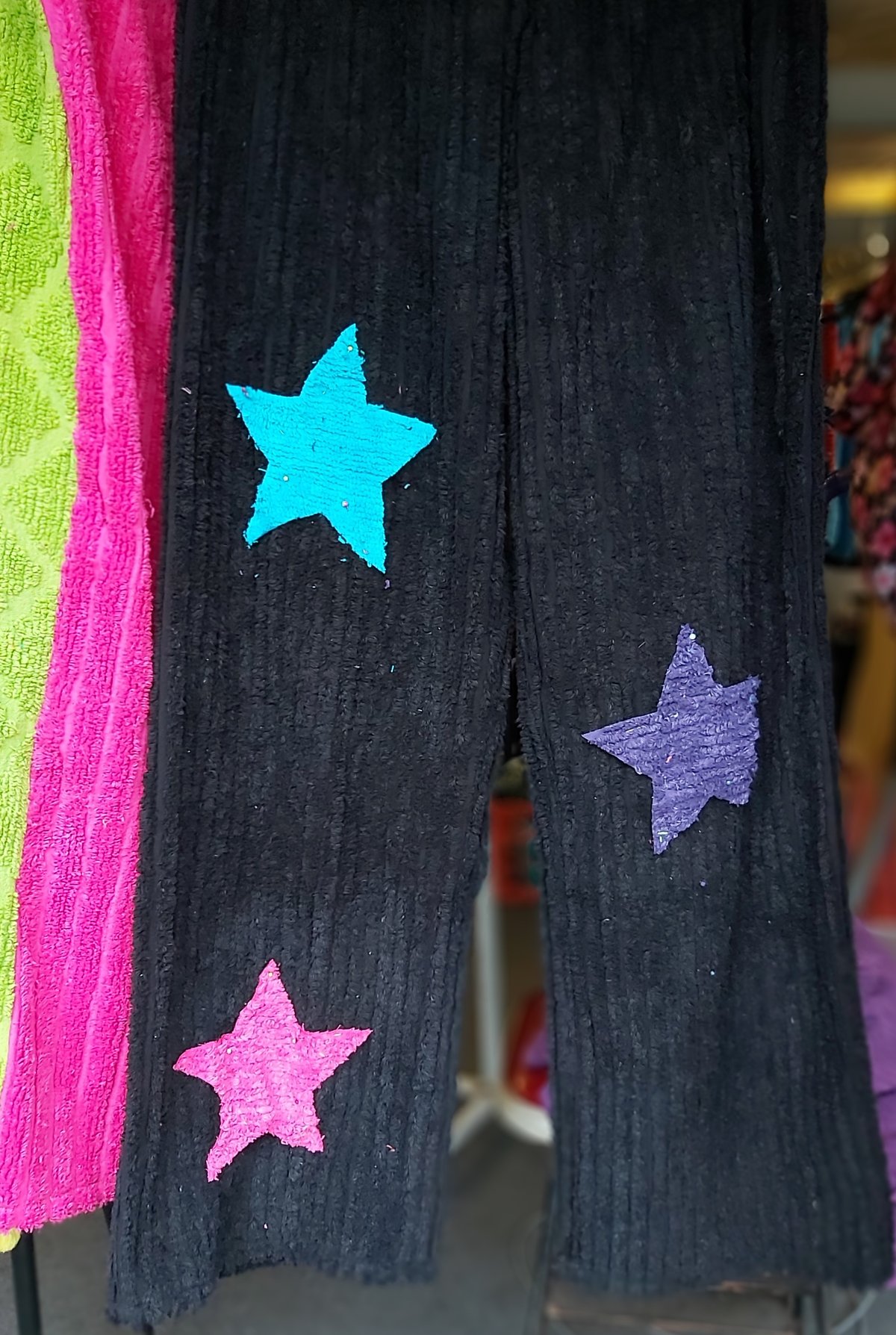 Image of Black chenille Pants with pink, purple, blue stars