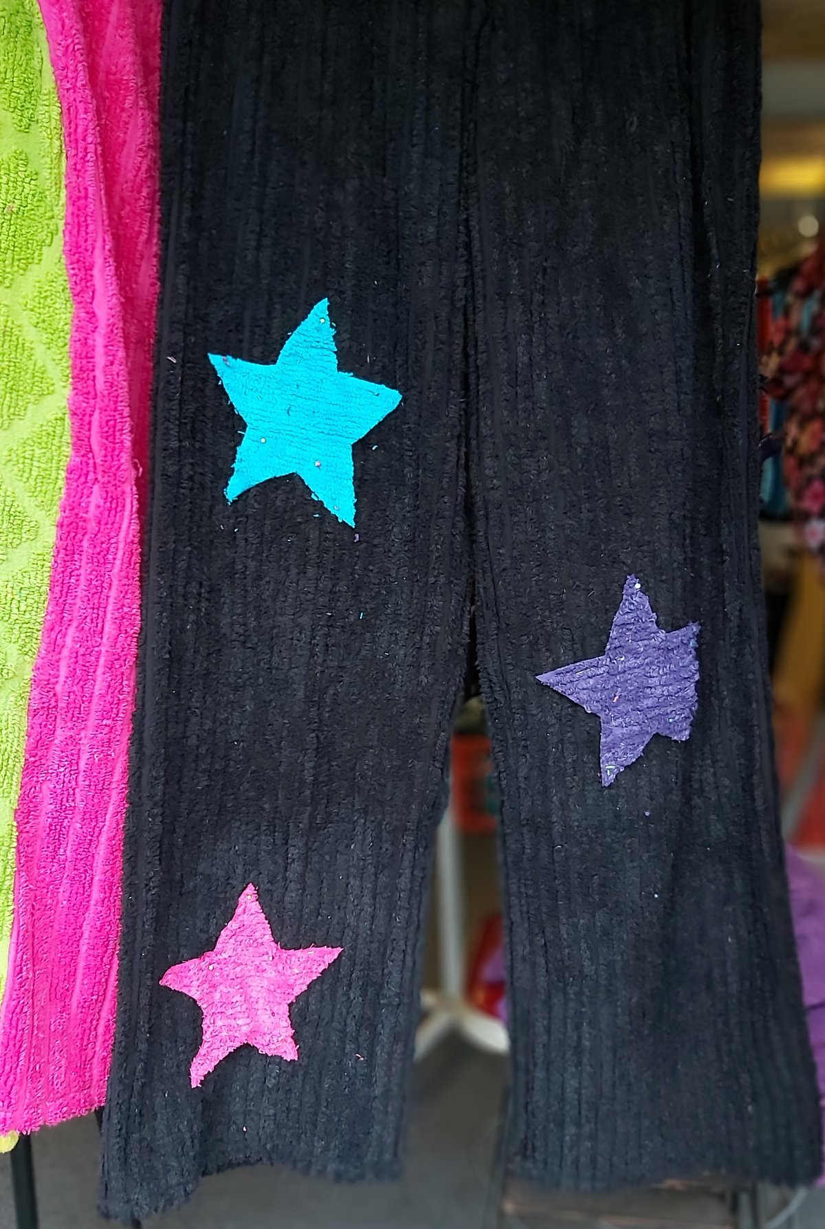 Image of Black chenille Pants with pink, purple, blue stars