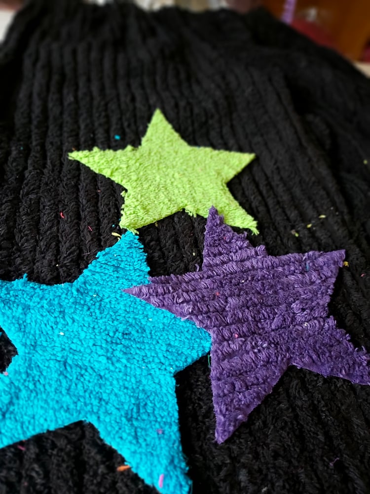 Image of Black Chenille Pants with lime, band purple stars