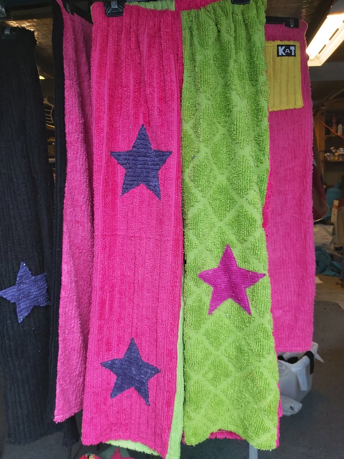 Image of Chenille Pants - Pink/lime with pink and purple stars