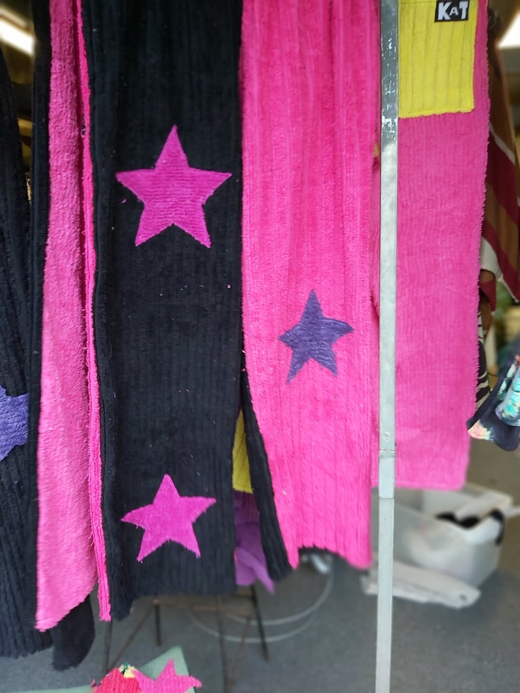 Image of Black/pink chenille pants with pink/purple stars