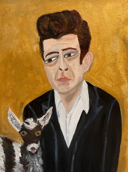 Image of The Man in Black with a goat named Sue.  original oil painting.