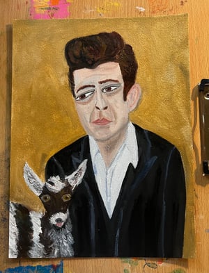 Image of The Man in Black with a goat named Sue.  original oil painting.