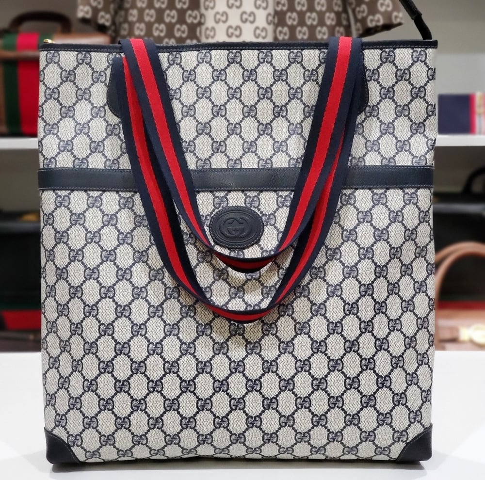 Image of Vtg Gucci Blue Monogram Tote Bag.