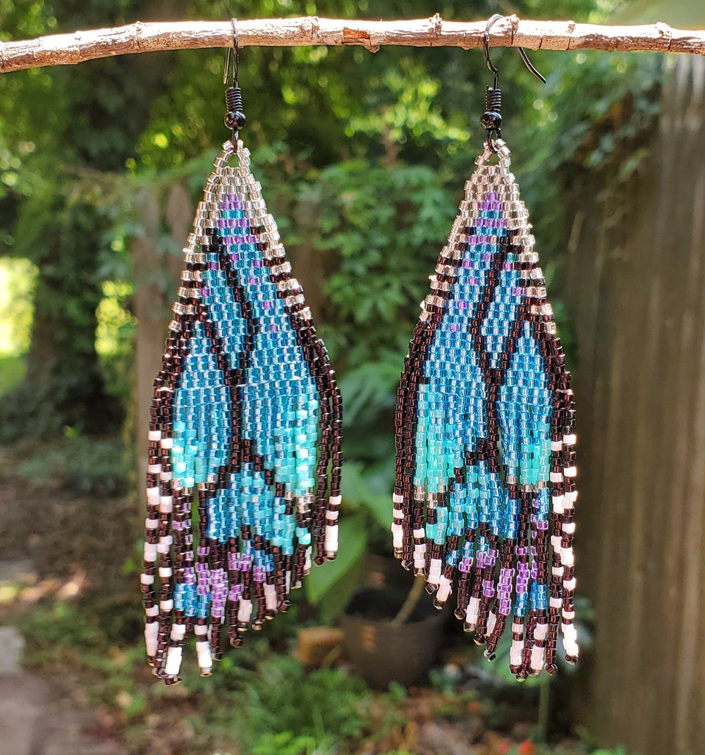 Image of Blue Butterfly Wings Beaded Fringe Earrings 