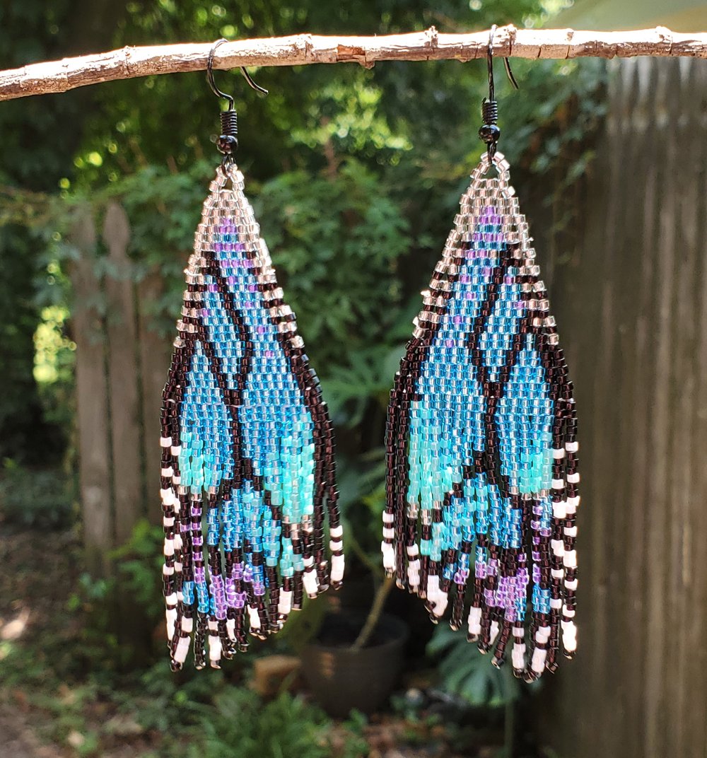 Image of Blue Butterfly Wings Beaded Fringe Earrings 