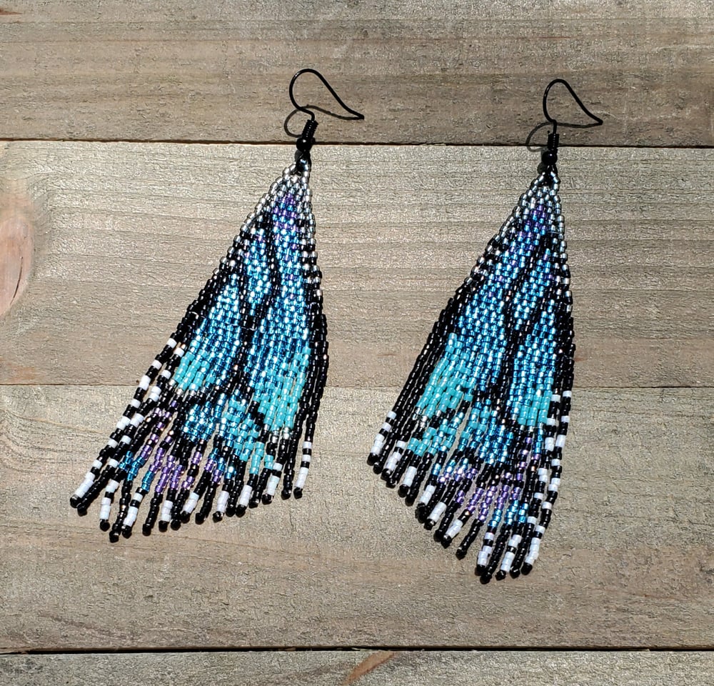 Image of Blue Butterfly Wings Beaded Fringe Earrings 