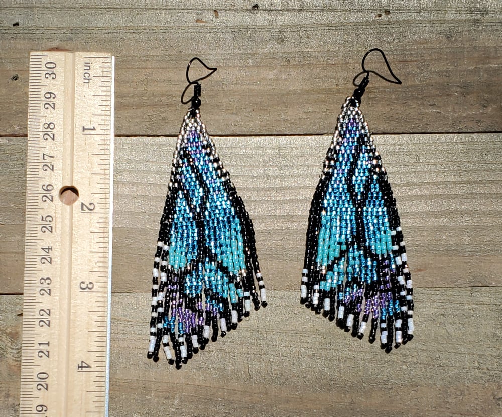 Image of Blue Butterfly Wings Beaded Fringe Earrings 