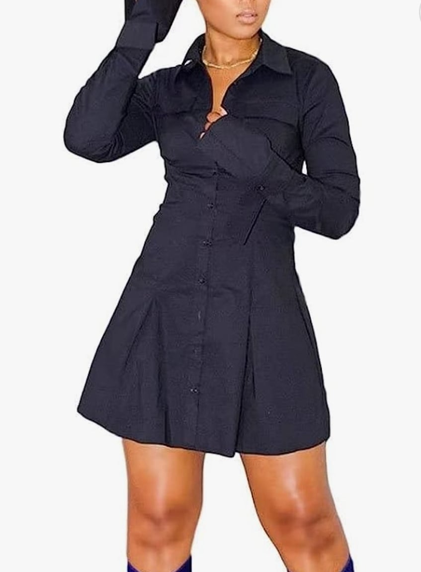 Image of Button Down Shirt Dress Casual Long Split Sleeve