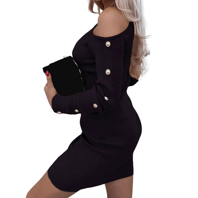 Image of Medium Cold Shoulder Long Sleeve Ribbed Mini Dress