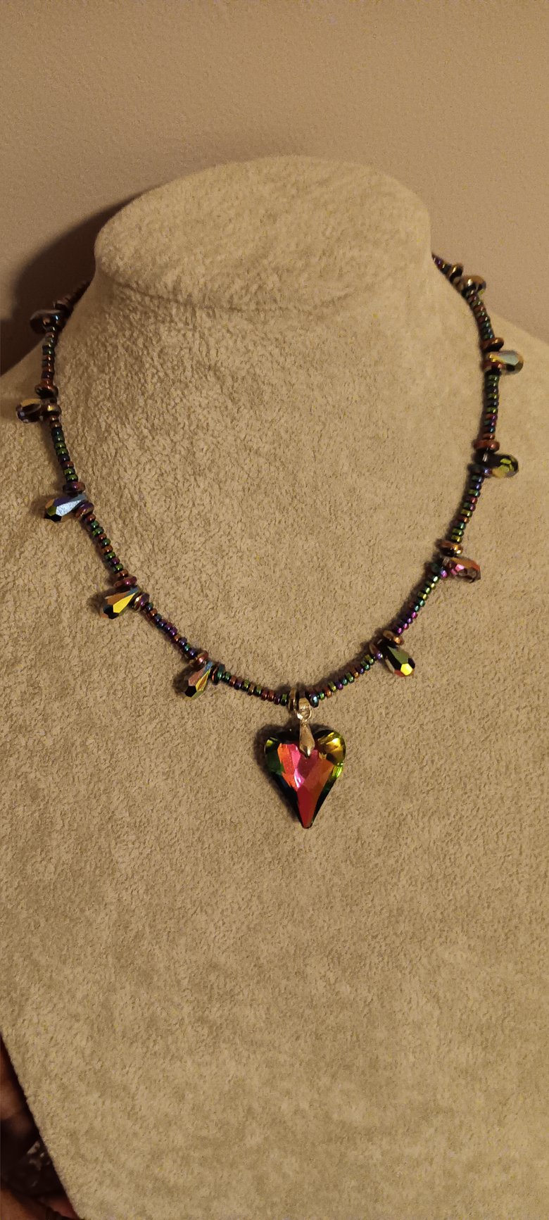Image of TITANIUM CRYSTAL HEART AND HEMATITE MULTI COLORED RONDELLES