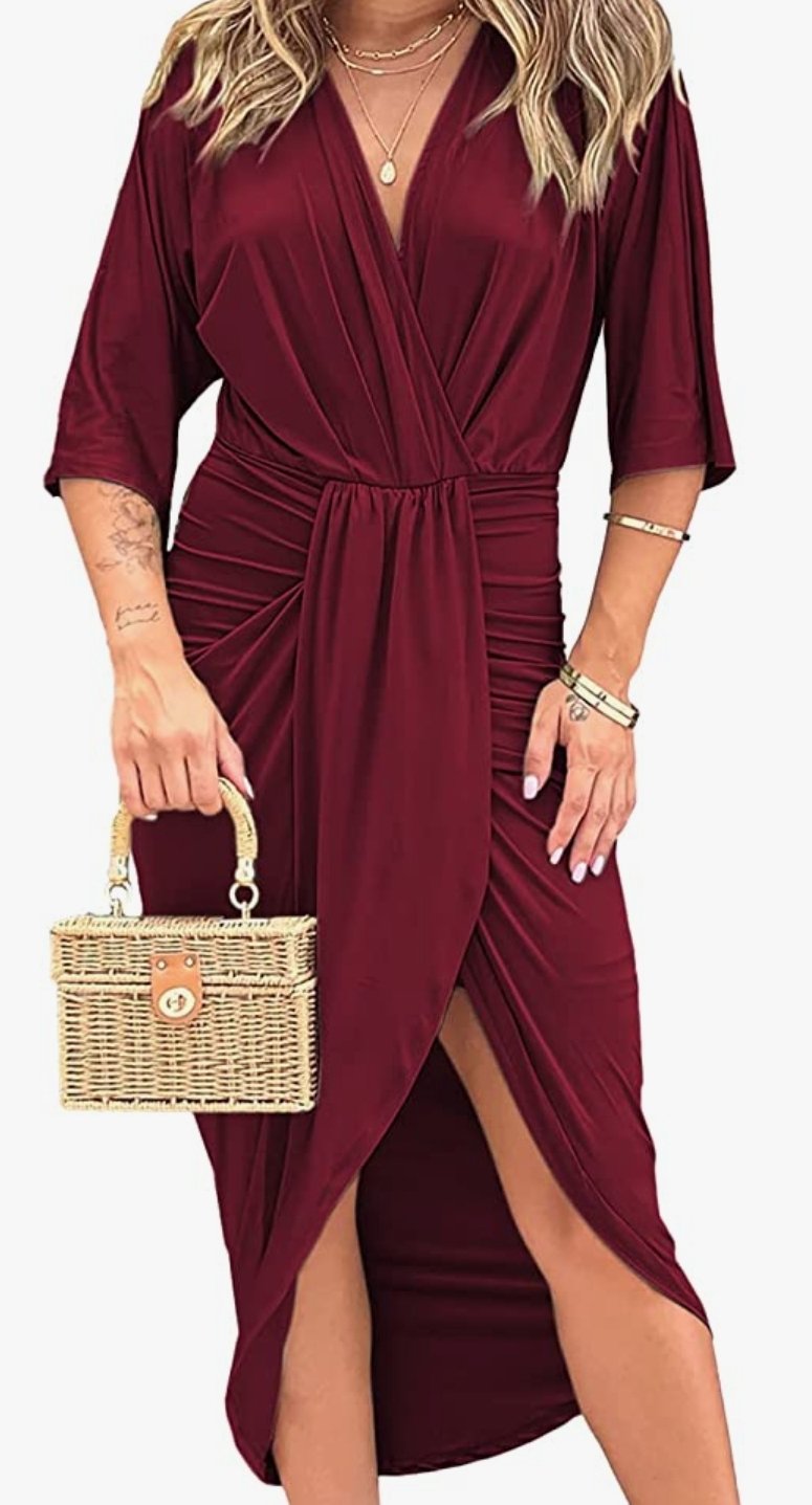 Image of Large Twist Front Dress Split Elegant Ruched V Neck Midi Bodycon