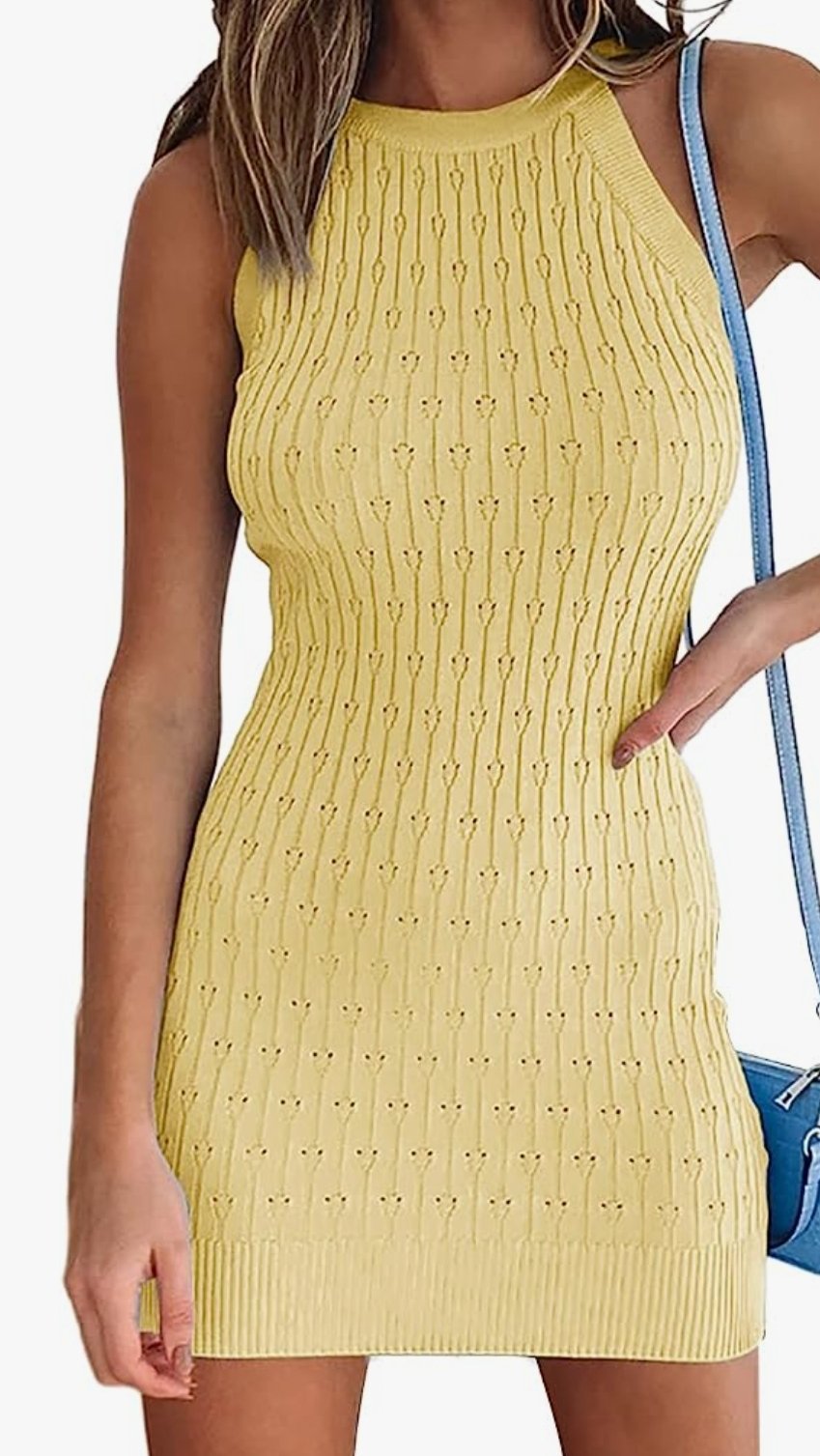 Image of Large Bodycon Knit Ribbed Sweater Dress Sleeveless Crew Neck Mini Tank Dress