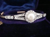 Image 1 of EDWARDIAN 18CT PLATINUM NATURAL SALTWATER PEARL AND DIAMOND BANGLE BRACELET