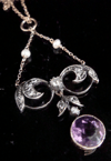 EDWARDIAN 18CT PLATINUM AMETHYST PEARL DIAMOND LAVALIERE NECKLACE