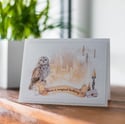 Handmade Owl Birthday Card with Candles and Castle Illustration for Magical Boy, Wizards and Witches