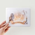 Handmade Owl Birthday Card with Candles and Castle Illustration for Magical Boy, Wizards and Witches