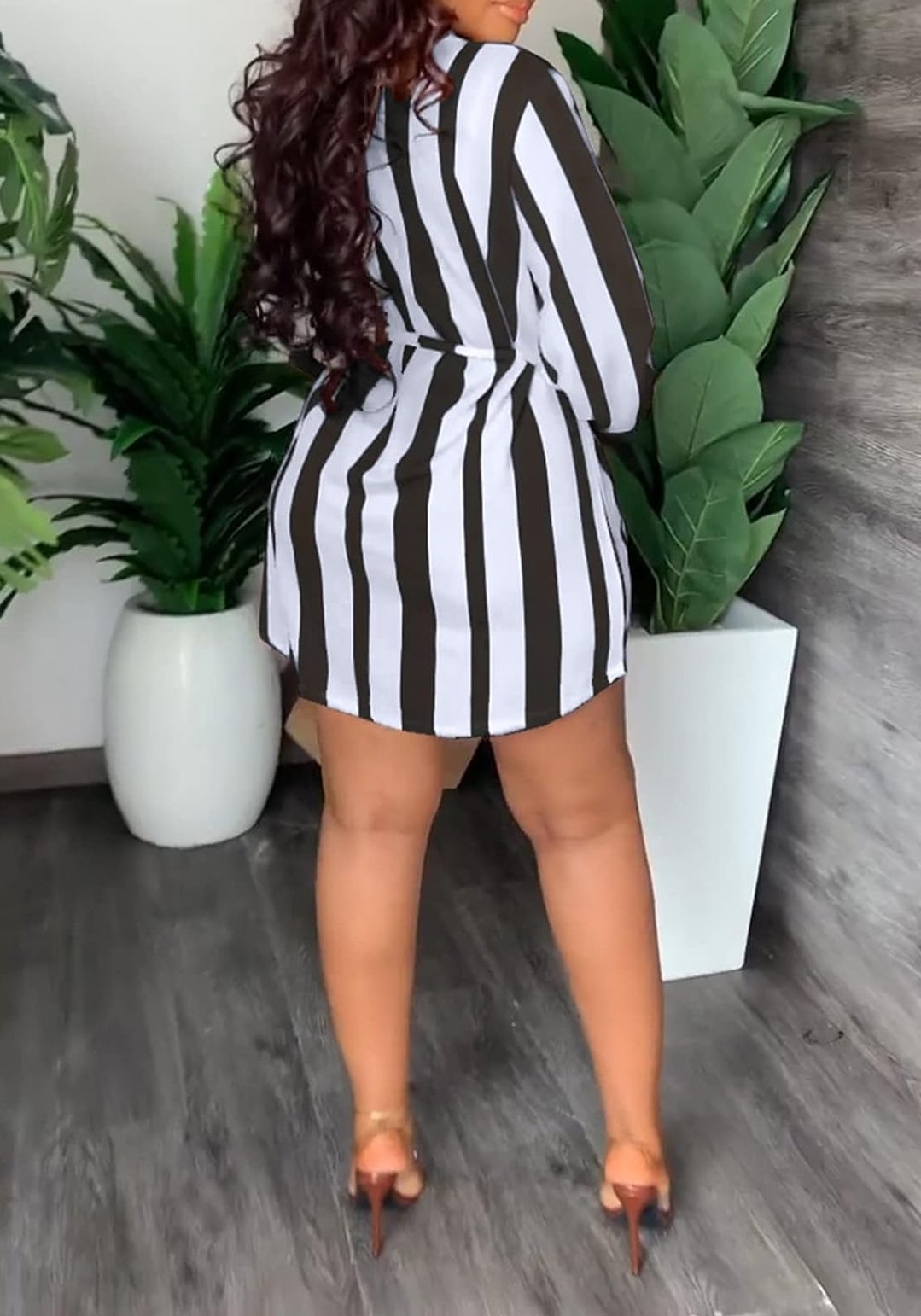 Image of Large Choichic Women's Deep V Neck Fall Striped Long Sleeve Tie Waist T Shirt Dress