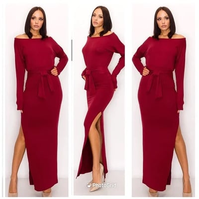 Image of 3PACK BURGINDY OFF SHOULDER SLIT SIDE MAXI DRESS