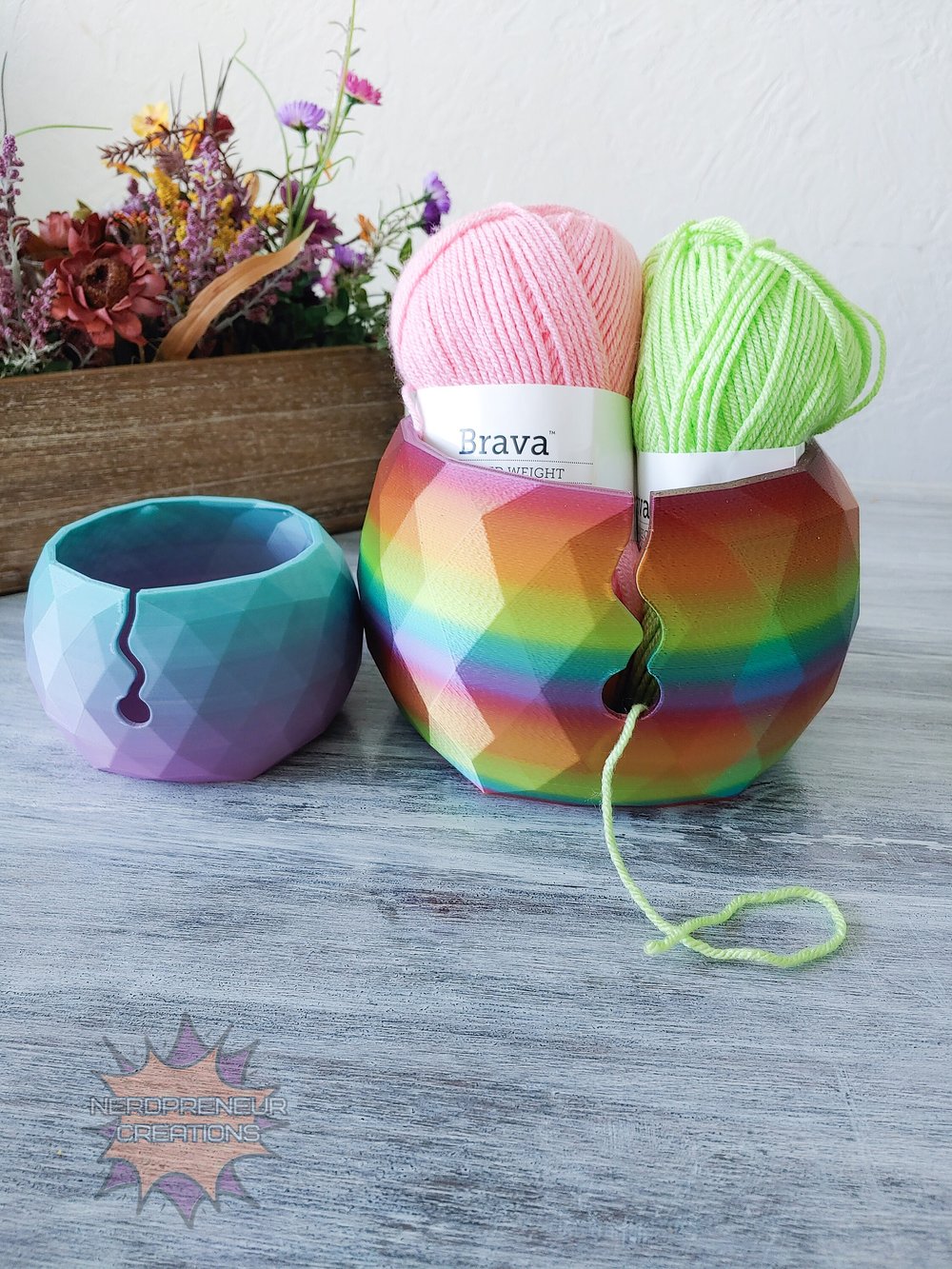 Image of Large 3D Printed Shiny Rainbow Yarn Bowl - Yarn Storage - Unicorn