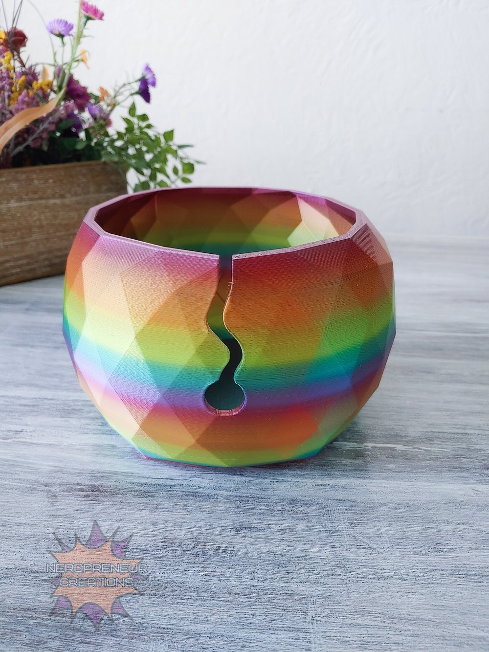 Image of Large 3D Printed Shiny Rainbow Yarn Bowl - Yarn Storage - Unicorn