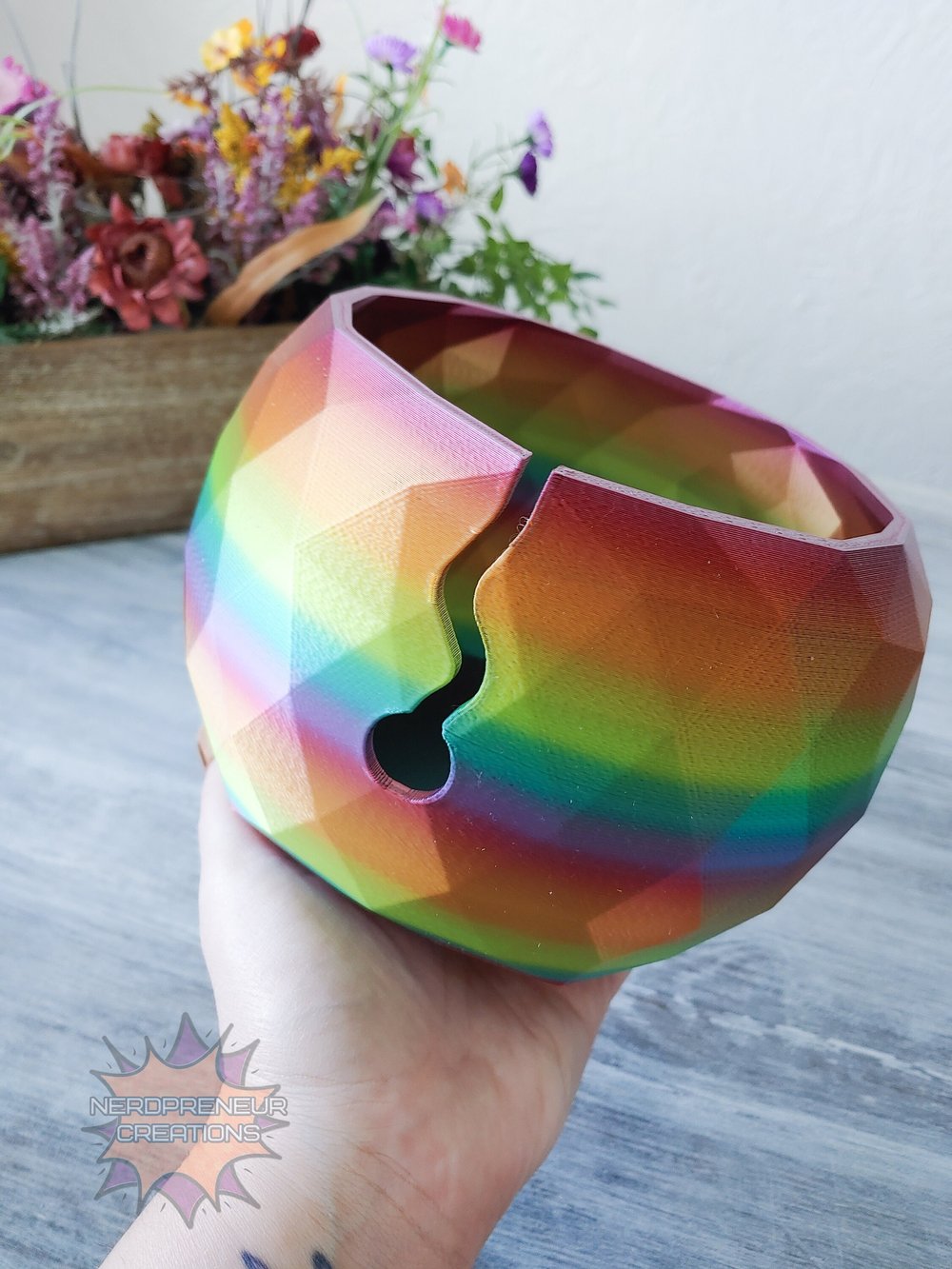 Image of Large 3D Printed Shiny Rainbow Yarn Bowl - Yarn Storage - Unicorn
