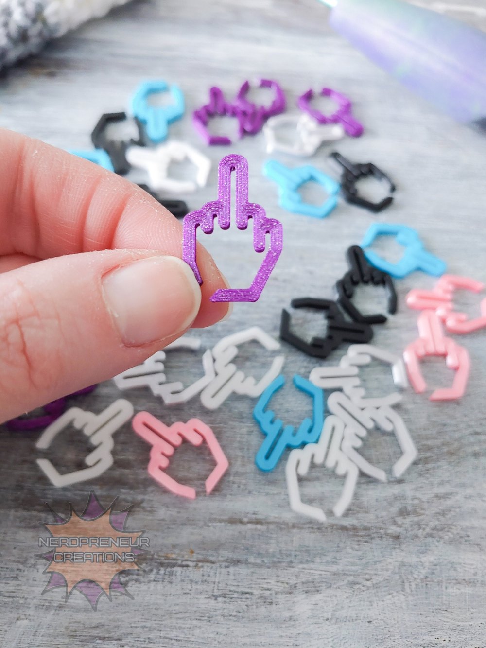 Image of 12 Pack "Number One" Stitch Markers - Middle Finger 3D Printed