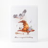 Owl Magical Birthday Handmade Greeting Card with Witch Hat, Owl Art, Flowers and Golden Key