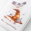 Owl Magical Birthday Handmade Greeting Card with Witch Hat, Owl Art, Flowers and Golden Key