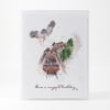 Train Birthday Card, Handmade Greeting Card with Vintage Steam Train Express and Owl Art