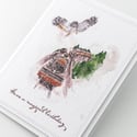 Train Birthday Card, Handmade Greeting Card with Vintage Steam Train Express and Owl Art