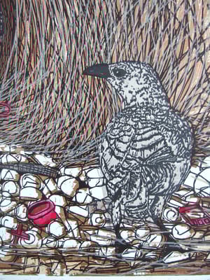 Image of 'Mating Time II' (Multiple coloured linocut and woodcut of the Great Bowerbird)