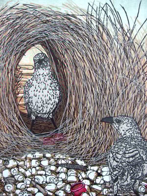 Image of 'Mating Time II' (Multiple coloured linocut and woodcut of the Great Bowerbird)