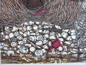 Image of 'Mating Time II' (Multiple coloured linocut and woodcut of the Great Bowerbird)