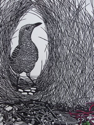 Image of 'Suburban Treasures' (linocut of the Great Bowerbird
