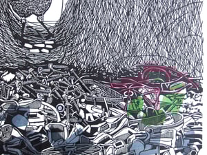 Image of 'Suburban Treasures' (linocut of the Great Bowerbird