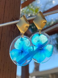 Image 3 of Dried Pressed Blue Hydrangea Earrings.