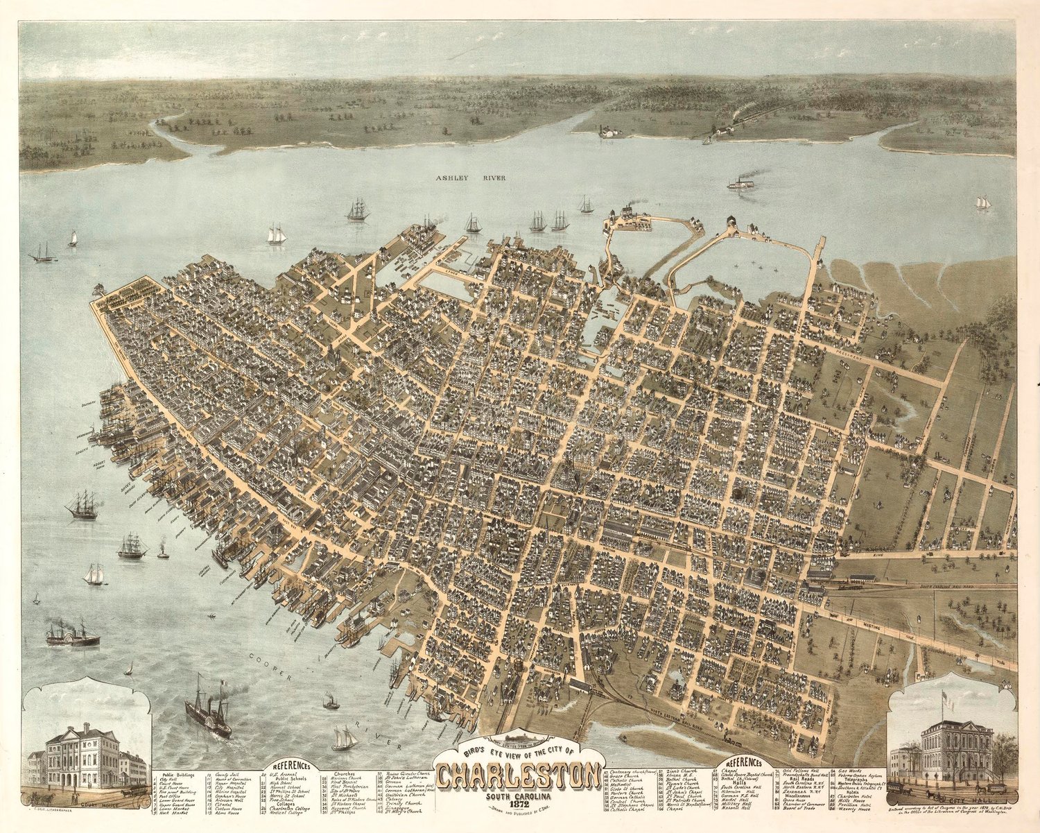 1872 Bird's Eye View of Charleston, SC 18"x24" matte paper