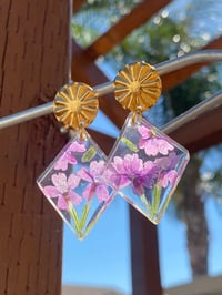 Image 1 of Gold Plated Earrings. Dried Pressed Purple Flowers. 