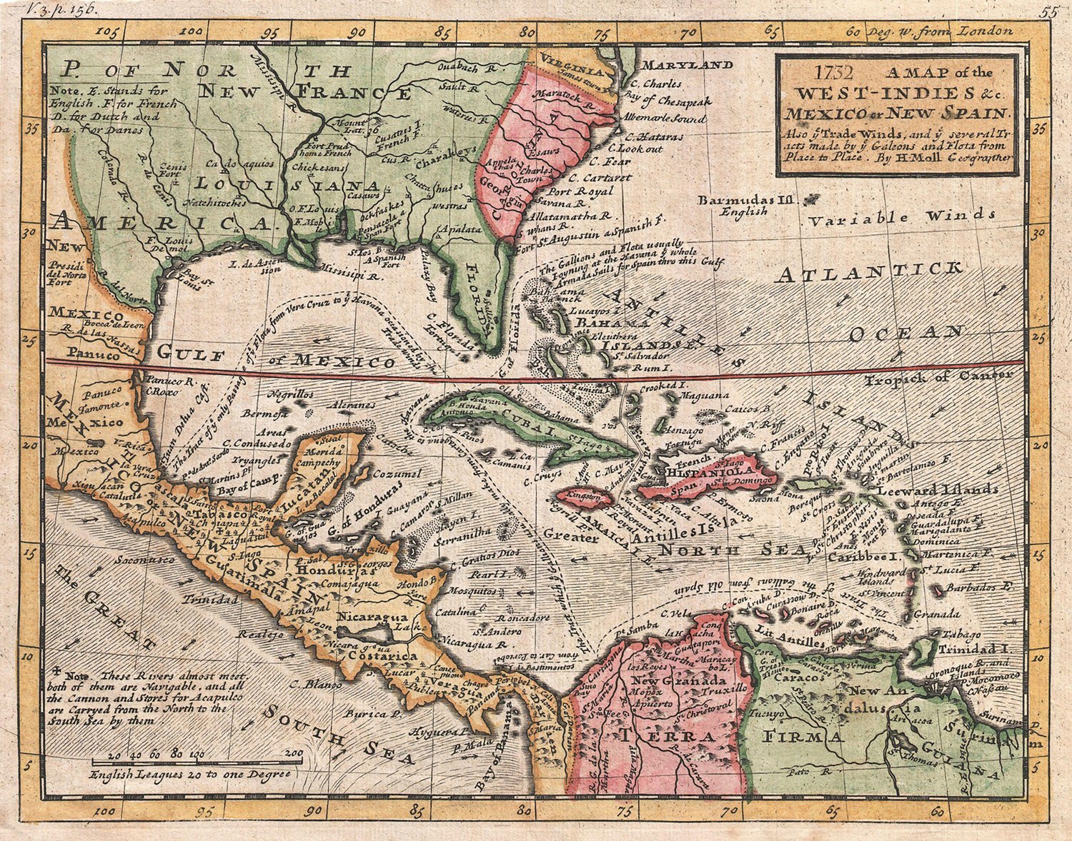 1732 A Map of West Indies and Mexico or New Spain. Map created by HermanMoll. 18"x24" matte paper