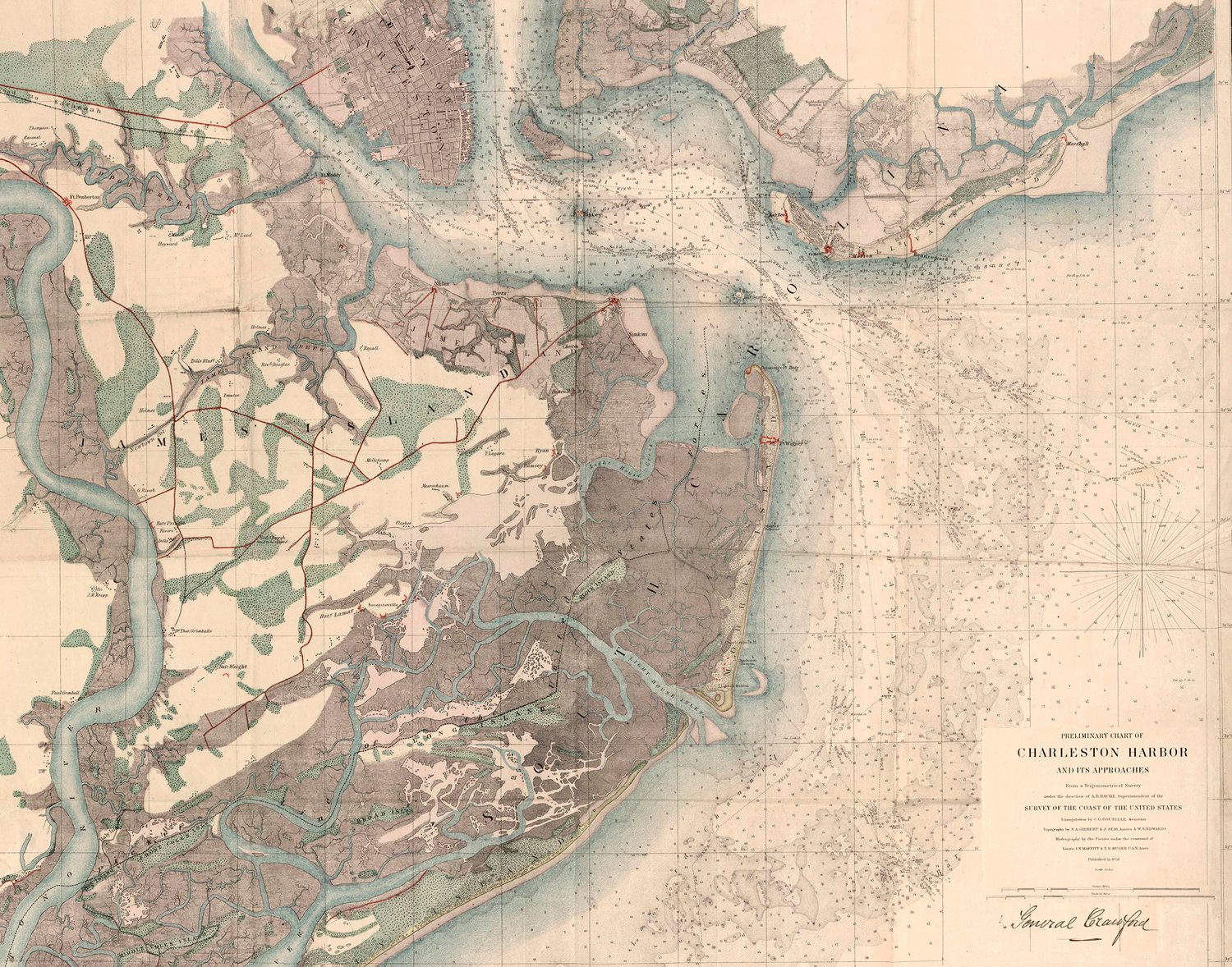 1858 Preliminary Chart of Charleston Harbor and Its Approaches 18"x24" matte paper