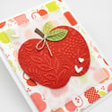 Embossed Red Apple Bloom: Handmade Greeting Card with Apple Orchard Background