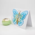 Blue Butterfly 3D Greeting Card | Handmade Blank Card with Teal and Gold Flowers